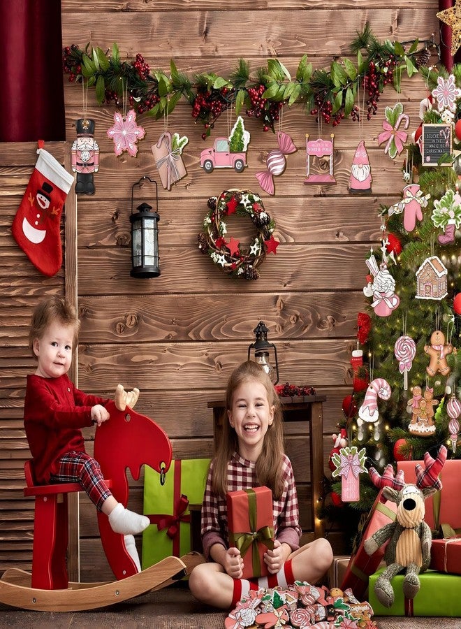 مجموعة زينة عيد الميلاد الخشبية الوردية من هوينا، 40 قطعة، زينة عيد الميلاد باللون الوردي الفاتح، تشمل: قزم خبز الزنجبيل، كسارة البندق، حلوى النعناع، قطع خشبية مقطوعة لتزيين أكاليل أشجار عيد الميلاد، ديكورات حفلات المكاتب. - Image 5